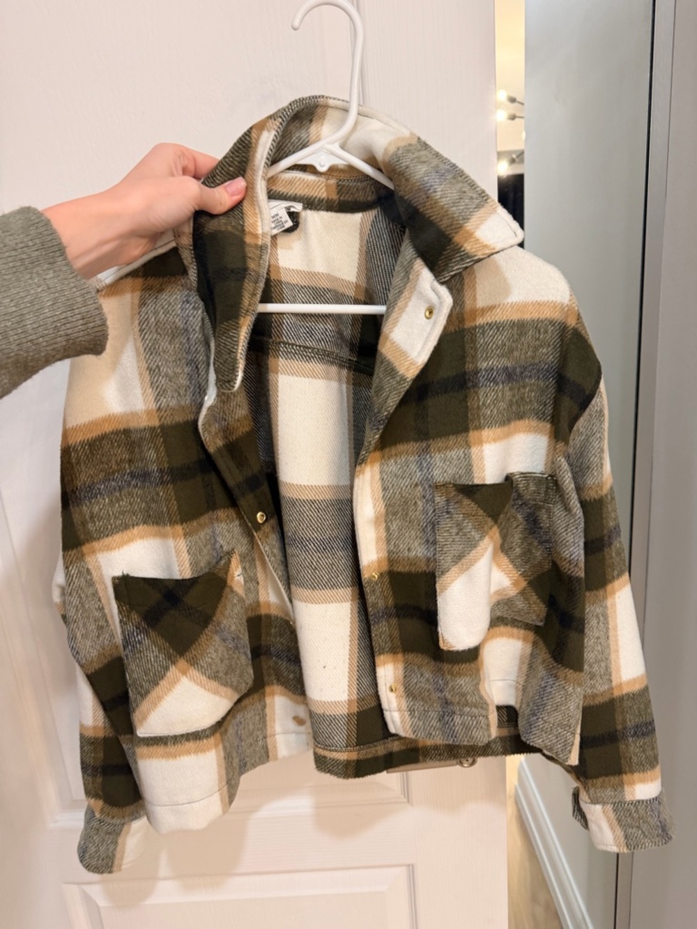 For The Republic Plaid Utility Jacket in Cream, Olive, and Tan